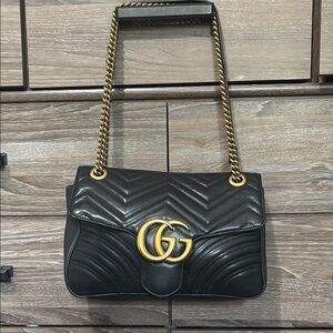 Black Quilted Leather Bag with Gold Chain